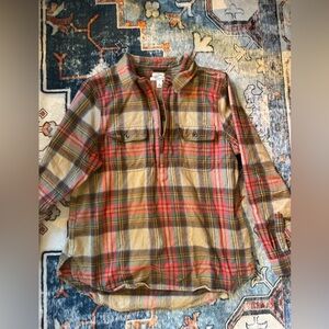 L.L. Bean Plaid Button-Popover Shirt in Tan, Olive & Coral